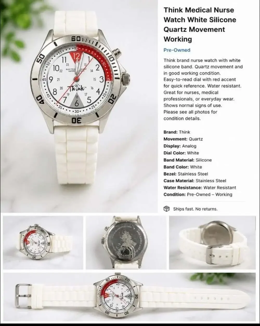 Think Nurse Watch Medical 24 Hour Military Time White Silicone Quartz Working